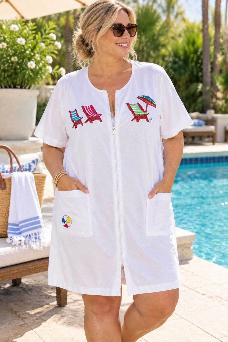 Vintage Y2K CZ Cover-Ups 1X Embroidered Beach Chair Zip Swim Cover Up